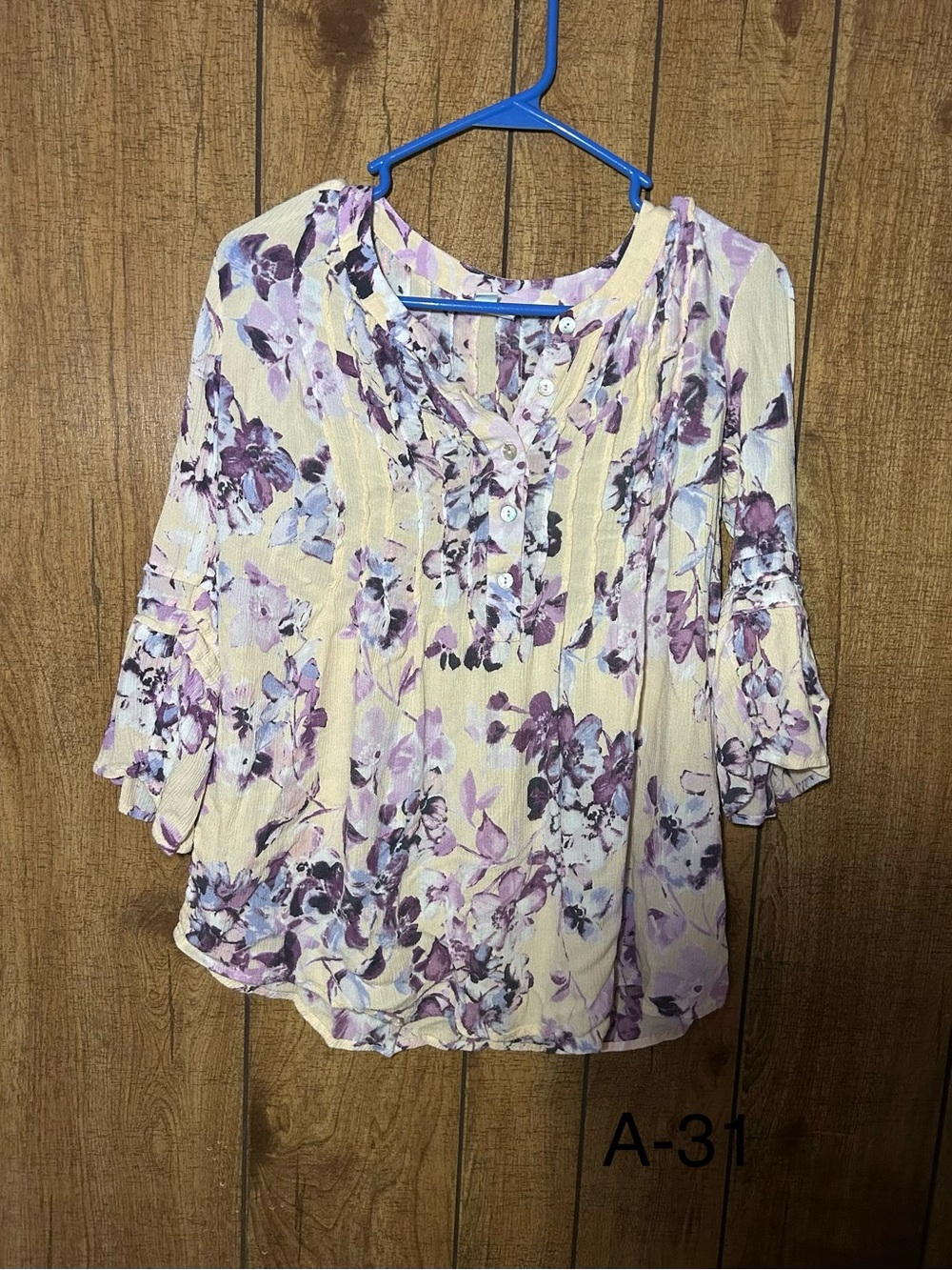 J.Jill XS Petite Cream Purple Floral Pintuck Ruffle Bell Sleeve Tunic Blouse